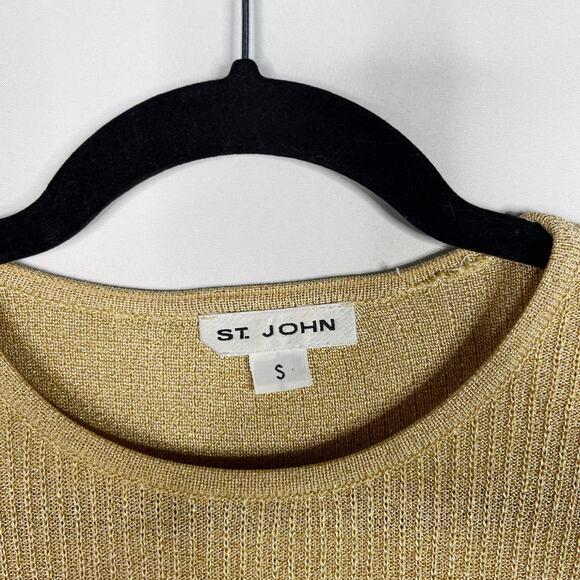 St John Small S Short Sleeve Ribbed Metallic Gold Sweater Crew Neck Womens - Picture 5 of 6
